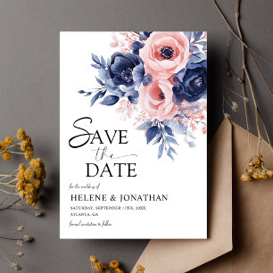 Floral Navy Blue Blush Pink Boho Elegant Wedding Save The Date