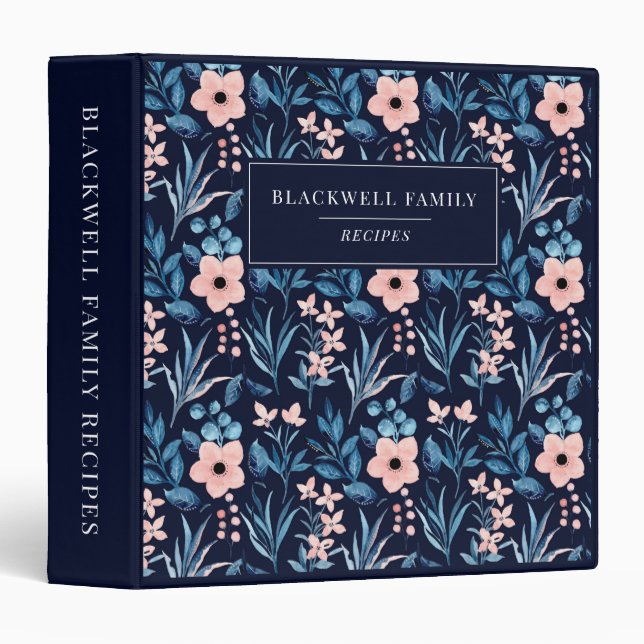 Floral Navy Blue Blush Pink Pattern Recipe 3 Ring Binder (Front/Spine)
