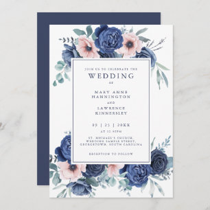 Floral Navy Blue Blush Pink Wedding Invitation