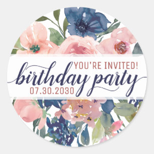 Floral Navy Blue Blush Pink Youre Invited Birthday Classic Round Sticker
