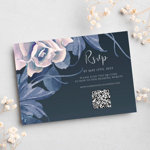 Floral Navy Blue Bold Modern Boho Wedding RSVP QR