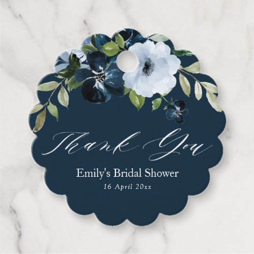 floral navy blue bridal shower thank you favor tags