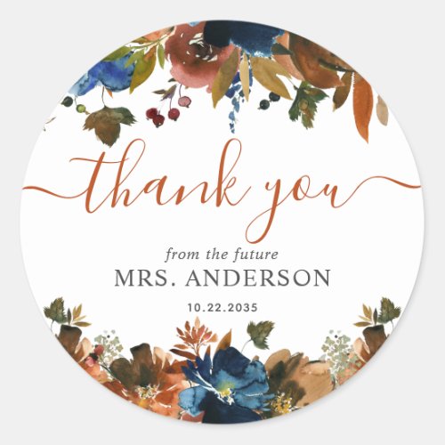 Floral Navy Blue Brown Bridal Shower Thank You Classic Round Sticker