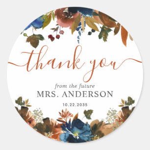 Floral Navy Blue Brown Bridal Shower Thank You Classic Round Sticker