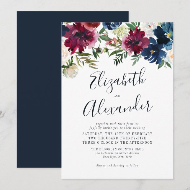 Floral Navy Blue Burgundy Elegant Script Wedding Invitation (Front/Back)