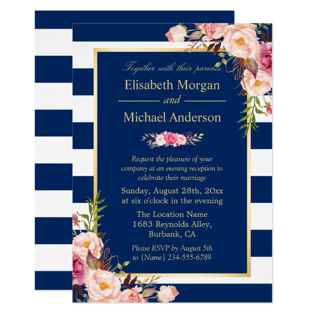 Floral Navy Blue Color Wedding Evening Invitation