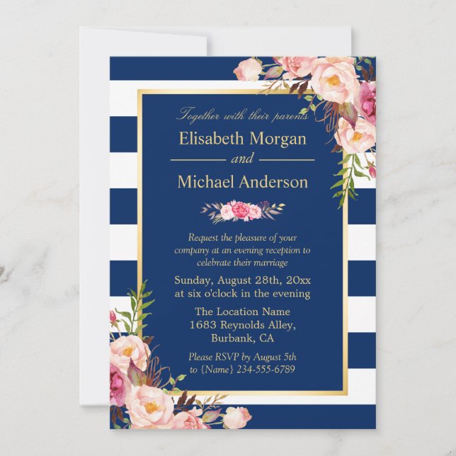 Floral Navy Blue Color Wedding Evening Invitation (Front)