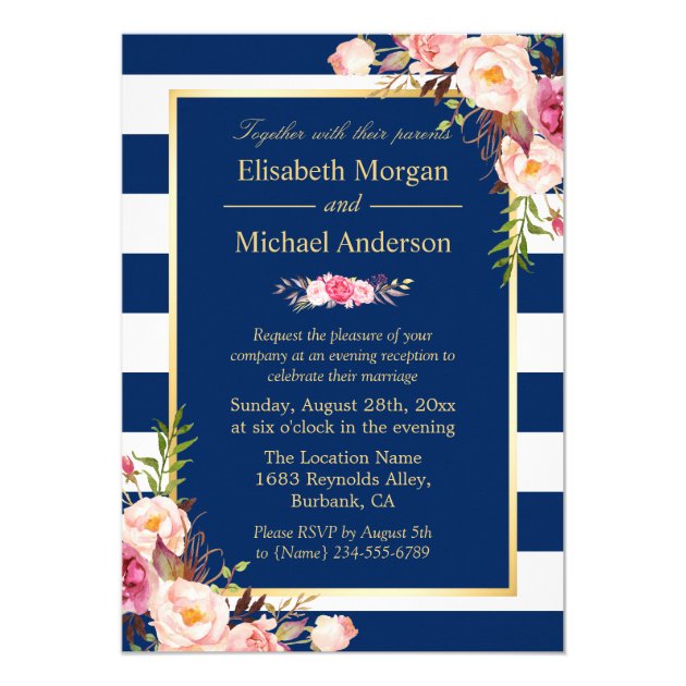 Floral Navy Blue Color Wedding Evening Invitation