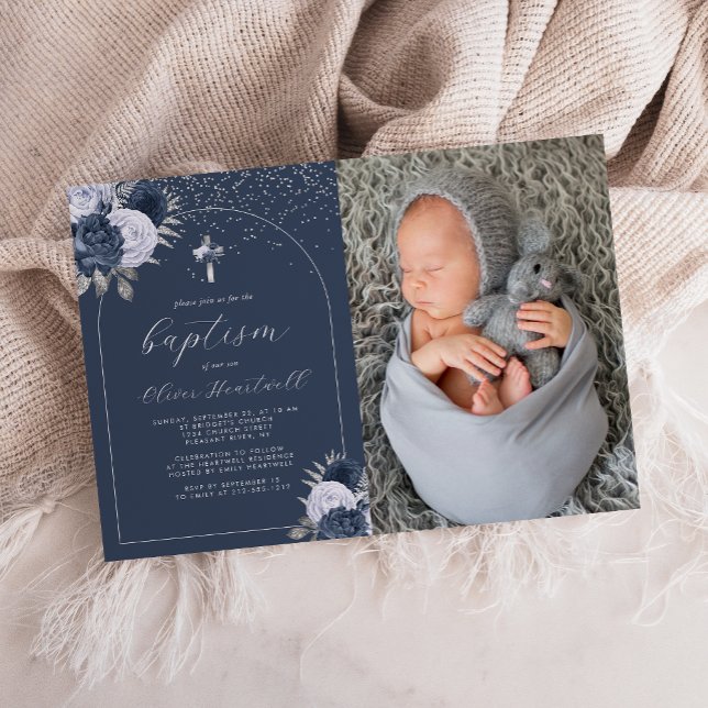 Floral Navy Blue Cross Arch Photo Boys Baptism Invitation (Creator Uploaded)