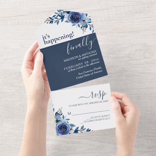 Floral Navy Blue Elegant Wedding All In One Invitation