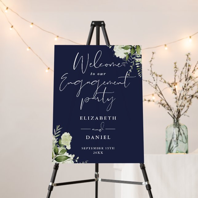 Floral Navy Blue Engagement Party Welcome Sign (In Situ (Stand))