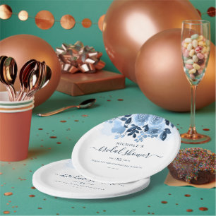 Floral Navy Blue Flowers Botanical Bridal Shower Paper Plates