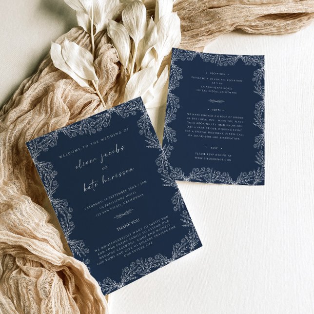 Floral Navy Blue Front & Back Wedding Invitation (Creator Uploaded)