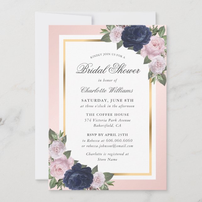 Floral Navy Blue Gold Blush Pink Bridal Shower Invitation (Front)