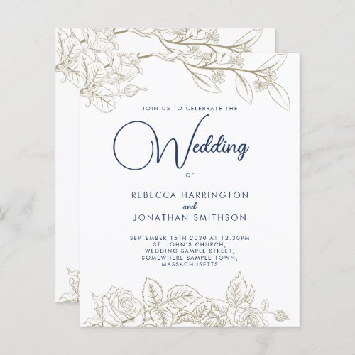 Floral Navy Blue Gold Budget Wedding Invitation