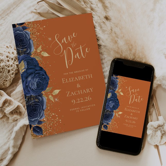 Floral Navy Blue Gold Burnt Orange Save the Date Announcement (Creator Uploaded)