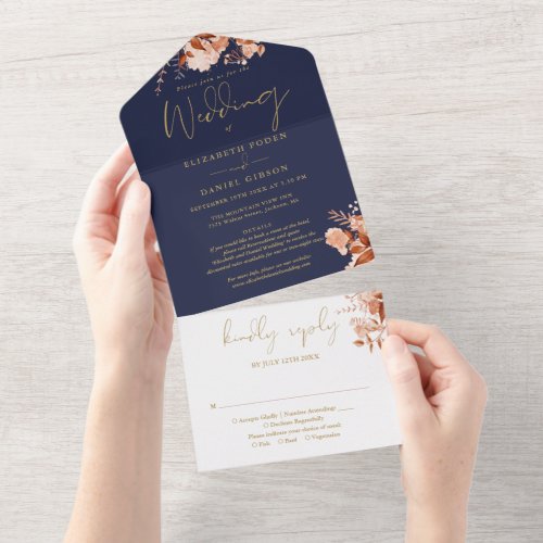 Floral Navy Blue Gold Details RSVP Fall Wedding All In One Invitation