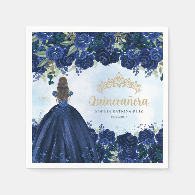Floral Navy Blue Gold Dress Princess Quinceanera Napkins (Front)
