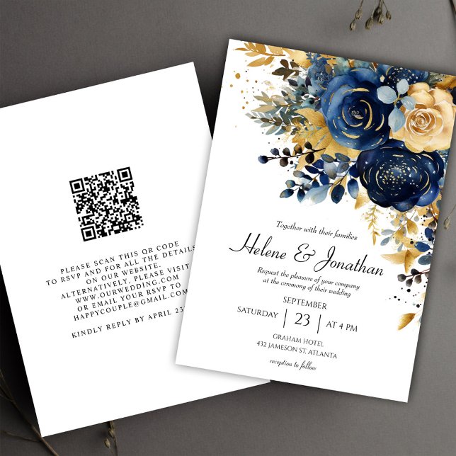 Floral Navy Blue Gold Garden Elegant Wedding Invitation (Floral Navy Blue Gold Garden Elegant Wedding Invitation)