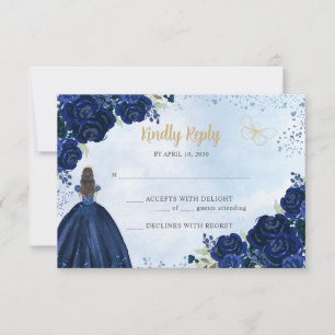 Floral Navy Blue Gold Glitter Princess Quinceañera RSVP Card