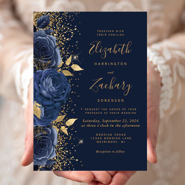 Floral Navy Blue Gold Glitter Wedding Invitation | Zazzle