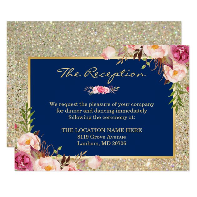 Floral Navy Blue Gold Glitter Wedding Reception Card