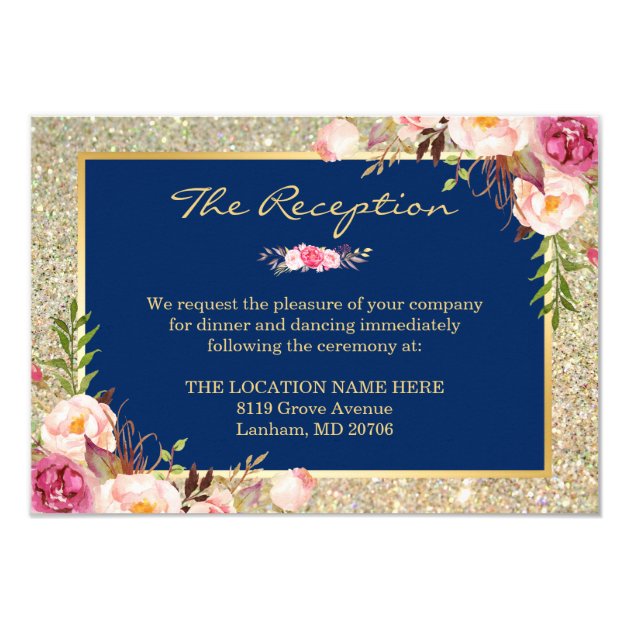 Floral Navy Blue Gold Glitter Wedding Reception Card