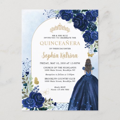 Floral Navy Blue Gold Gown Birthday Quinceanera Invitation Postcard