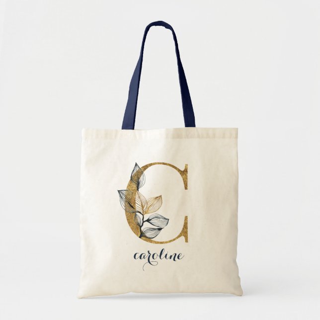Floral Navy Blue Gold Leaf Personalized Letter "C" Tote Bag (Front)