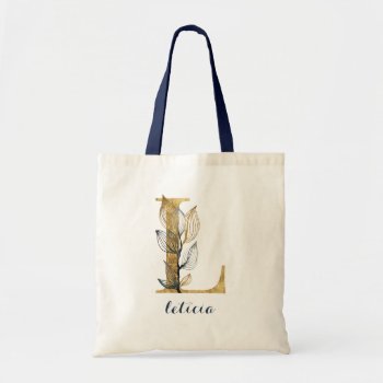 Floral Navy Blue Gold Leaf Personalized Letter "l" Tote Bag by HannahMaria at Zazzle