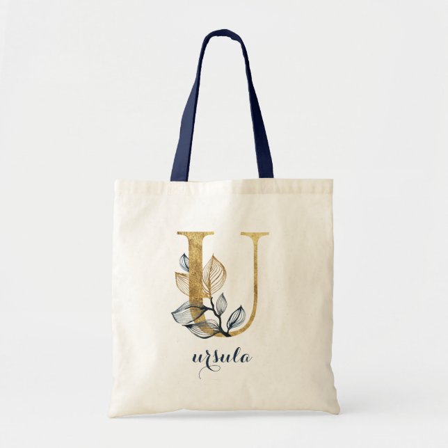 Floral Navy Blue Gold Leaf Personalized Letter "U" Tote Bag (Front)