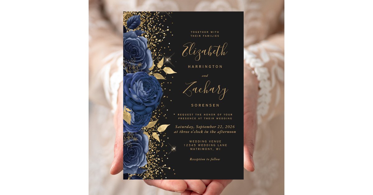 Floral Navy Blue Gold Off-Black Wedding Invitation | Zazzle