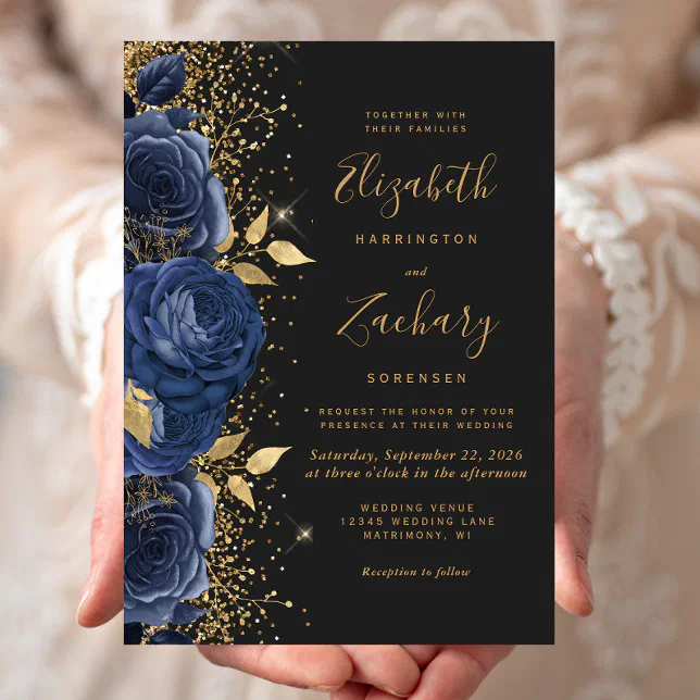 Floral Navy Blue Gold Off-Black Wedding Invitation | Zazzle