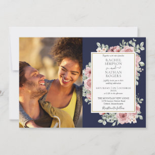 Floral Navy Blue Gold Photo Wedding Invitation