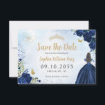 Floral Navy Blue Gold Princess Tiara Quinceanera Save The Date<br><div class="desc">Floral Navy Blue Gold Princess Gown Dress Glitter Sparkle Tiara Crown Butterfly 15th Birthday Quinceanera Save the Date</div>