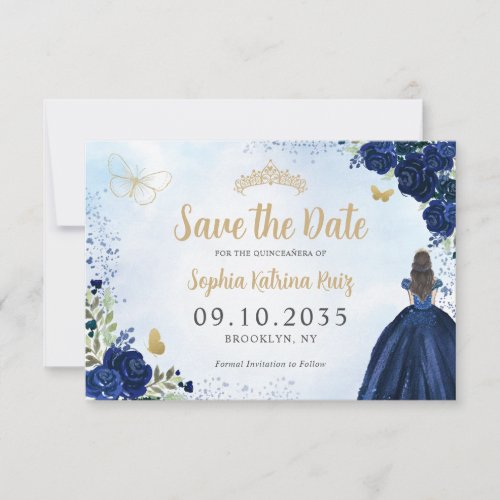 Floral Navy Blue Gold Princess Tiara Quinceanera Save The Date