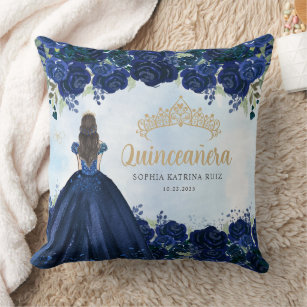 Floral Navy Blue Gold Princess Tiara Quinceanera  Throw Pillow
