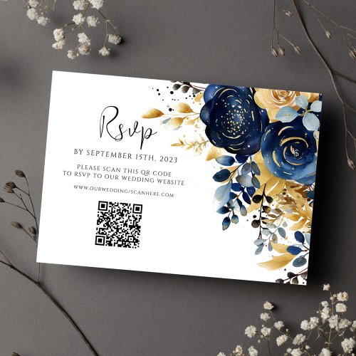 Floral Navy Blue Gold QR Code Wedding RSVP Card