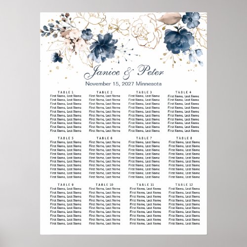 Floral navy blue  gold Wedding 12 Tables Seating Poster