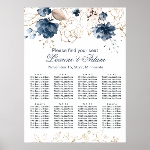 Floral navy blue  gold Wedding 8 Tables Seating Poster
