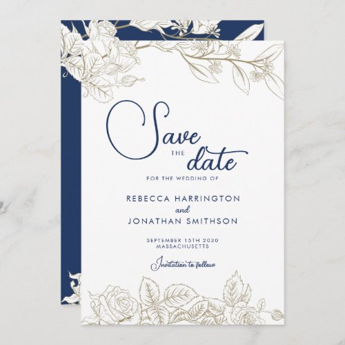 Floral Navy Blue Gold Wedding Save The Date Card