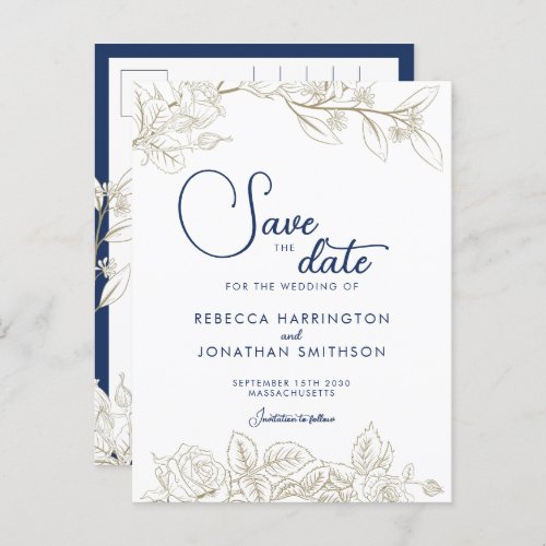 Floral Navy Blue Gold Wedding Save The Date  Postcard