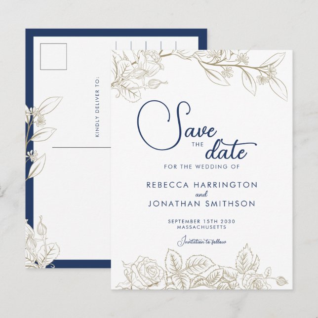Floral Navy Blue Gold Wedding Save The Date  Postcard (Front/Back)