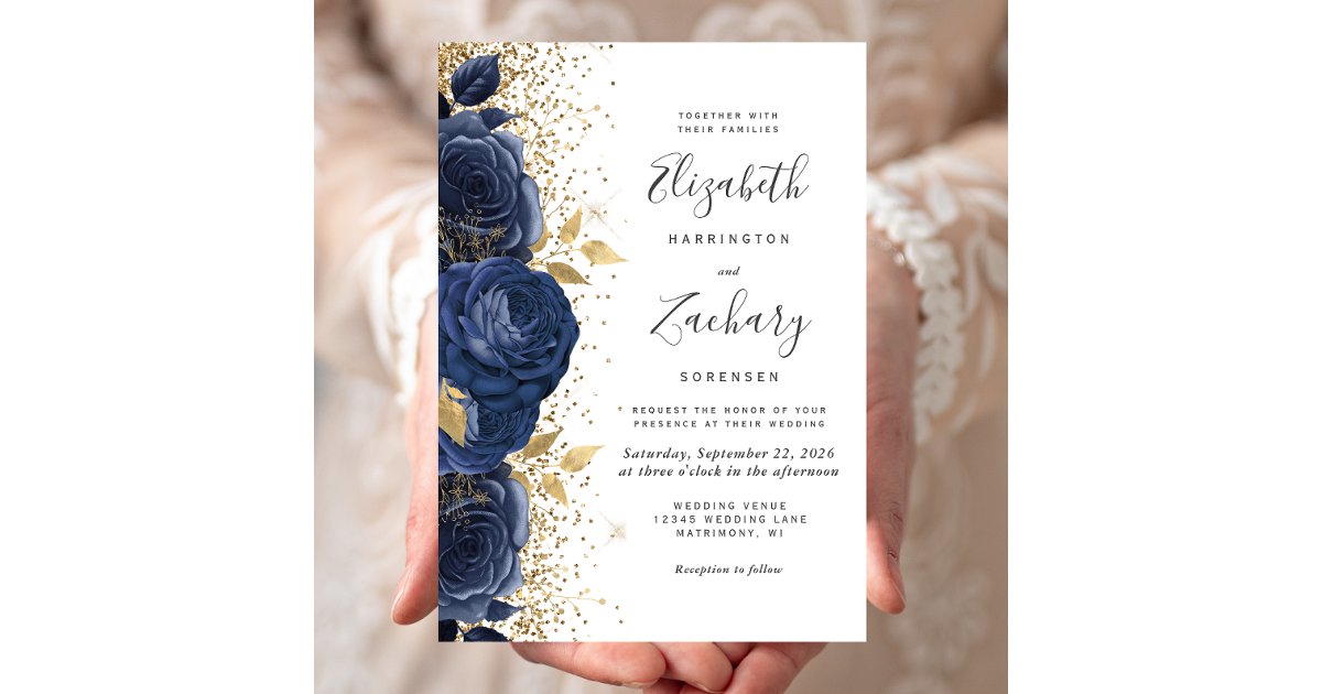 Floral Navy Blue Gold White Wedding Invitation | Zazzle