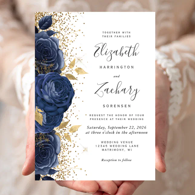 Floral Navy Blue Gold White Wedding Invitation | Zazzle