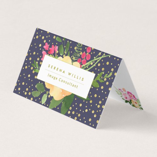 Floral Navy Blue Gold Yellow Dots Pattern Business Card