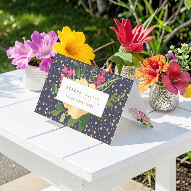 Floral Navy Blue Gold Yellow Dots Pattern Business Card (Creator Uploaded)