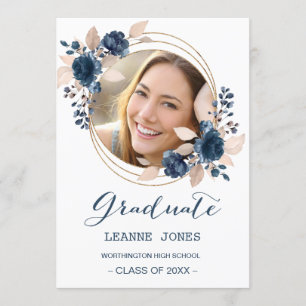 Floral navy blue Graduation Party Photo Invitation
