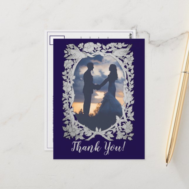 Floral Navy Blue Gray Bird Photo Wedding Thanks Postcard (Front/Back In Situ)