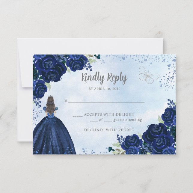 Floral Navy Blue Gray Glitter Princess Quinceañera RSVP Card (Front)